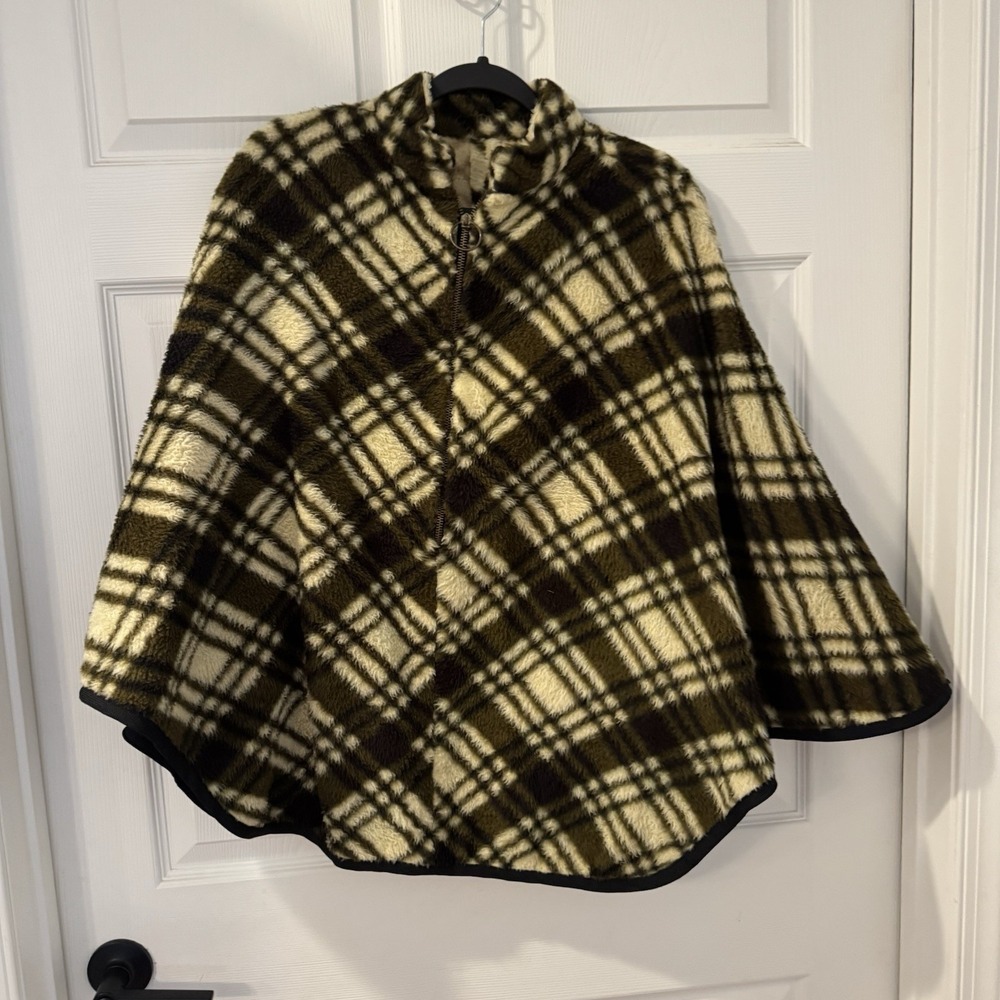 Vintage Poncho Handmade Sherpa Brown Plaid Hippie Boho 1970's Womens